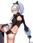  albert ass bow breasts dungeon_and_fighter earrings female_slayer_(dungeon_and_fighter) gloves hair_bow hilt jewelry large_breasts looking_back panties ponytail red_eyes shoulder_blades silver_hair solo spread_legs underwear 