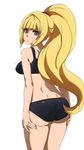  absurdres ass bare_shoulders black_panties blonde_hair breasts gundam gundam_tekketsu_no_orphans highres kudelia_aina_bernstein long_hair looking_at_viewer looking_back medium_breasts panties ponytail purple_eyes simple_background solo thighs tonotyama underwear very_long_hair white_background 