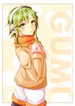  absurdres bad_id bad_pixiv_id black_legwear blush character_name coat earmuffs fur_trim gloves green_eyes green_hair gumi hairband hand_on_own_chest highres looking_at_viewer mugipot orange_scarf pantyhose parted_lips scarf short_hair shorts simple_background solo standing vocaloid white_gloves white_shorts winter_clothes winter_coat 