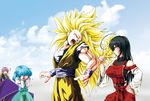  3girls abs ahoge angry big_hair black_dress blue_eyes blue_hair blue_skirt blue_sky blue_vest breasts cloud commentary_request constricted_pupils covering_face crying day detached_sleeves distant dragon_ball dragon_ball_z dress flying_sweatdrops gradient_eyes gradient_hair hair_pull hands_on_hips highres hijiri_byakuren juliet_sleeves kamishima_kanon karakasa_obake large_breasts leotard long_hair long_sleeves looking_at_another looking_to_the_side manly motion_lines multicolored multicolored_eyes multicolored_hair multiple_girls muscle no_eyebrows nontraditional_miko one_eye_closed open_hands open_mouth pants pee_stain puffy_long_sleeves puffy_sleeves purple_eyes purple_hair ribbon-trimmed_clothes ribbon-trimmed_sleeves ribbon_trim screaming sendai_hakurei_no_miko shiny shiny_hair short_hair skirt sky sleeveless son_gokuu super_saiyan super_saiyan_3 sweatdrop tatara_kogasa taut_clothes teeth toned tongue touhou turtleneck umbrella very_long_hair vest white_dress wristband yellow_eyes 