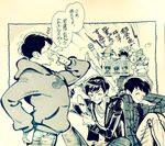  :&gt; arm_behind_head bad_id bad_twitter_id brothers cat closed_eyes comb combing denim esper_nyanko eyewear_on_head flag greyscale hand_on_hip hood hoodie ink_(medium) jacket jeans jumpsuit male_focus matsuno_choromatsu matsuno_ichimatsu matsuno_juushimatsu matsuno_karamatsu matsuno_osomatsu matsuno_todomatsu megaphone messy_hair mirror monochrome multiple_boys osomatsu-kun osomatsu-san outside_border pants sextuplets siblings sign smile sunglasses tarasarami thumbs_down tongue tongue_out traditional_media traffic_cone translation_request 