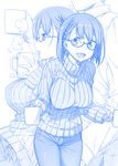  1girl ai-chan_(tawawa) blue braid breasts commentary_request cup denim getsuyoubi_no_tawawa glasses head_out_of_frame himura_kiseki holding holding_cup jeans large_breasts leaning_on_person monochrome mug multiple_views open_mouth pants profile ribbed_sweater semi-rimless_eyewear short_hair side_braid smile steam sweater turtleneck 