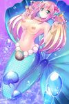  air_bubble animal aqua_eyes armpits beads blush bracelet breasts bubble clenched_hand fins glint hair_beads hair_between_eyes hair_ornament head_fins jellyfish jewelry long_hair looking_at_viewer medium_breasts mermaid mikadocosmo monster_girl navel necklace nipples original pendant pointing pointing_at_self scales seashell shell sidelocks smile solo starfish stomach topless twintails underwater 