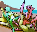  2015 ambiguous_gender anal anthro ass_up balls beach cowgirl_position erection eyes_closed faceless_male green_scales group group_sex horn kobold male male/ambiguous muscular muscular_male navel nude on_top oral orgy outside penis pink_scales purple_scales raised_tail reptile rimming rml scales scalie seaside sex straddling unknown_species water yellow_scales 