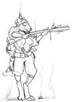  2015 anthro biscuit_(rml) breasts clothed clothing digitigrade female gnoll greyscale gun hyena mammal monochrome navel nipples partially_clothed ranged_weapon rml simple_background solo standing wardrobe_malfunction weapon white_background 