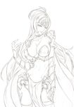 albert armor bikini_armor breasts cape choker collarbone contrapposto gloves large_breasts long_hair looking_to_the_side monochrome muscle navel nipples shoulder_armor sketch solo spaulders standing thighhighs very_long_hair 