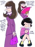  ;) arms_behind_back bag black_hair brown_hair buck_teeth character_sheet child commentary_request fan folding_fan formal genderswap genderswap_(mtf) handbag heart heart_in_mouth highres iyami iyami's_daughter laughing long_hair netoro one_eye_closed osomatsu-kun osomatsu-san popped_collar purple_suit shorts simple_background skirt_suit smile suit translation_request white_background wing_collar younger 
