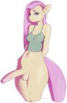  animal_genitalia anthro balls bottomless breasts clothed clothing equine erection female fluttershy_(mlp) friendship_is_magic hair half-closed_eyes half-dressed hands_behind_back horse horsecock invalid_tag looking_at_viewer mammal my_little_pony navel penis pink_hair pony simple_background solo standing tsudamaku vein white_background wide_hips 