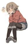  atra_mixta blush bracelet brown_hair denim denim_shorts dorsiflexion gundam gundam_tekketsu_no_orphans hands_on_own_cheeks hands_on_own_face hood hoodie interlocked_mars_and_venus_symbols invisible_chair jewelry mars_symbol ningen_(ningen96) pantyhose red_eyes short_hair shorts simple_background sitting solo venus_symbol white_background 