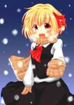  :d absurdres blonde_hair fang hair_ribbon highres mittens open_mouth red_eyes ribbon rumia scarf scarlet_mirin shirt short_hair skirt smile snowing solo touhou vest 