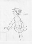  anthro arm_support barefoot barely_visible_genitalia bear crossed_legs cub female front_view greyscale holding_leg leaning mammal marie_flumtunn mizzyam monochrome nude pencil_(artwork) pussy smile solo standing standing_on_one_foot traditional_media_(artwork) young 