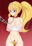  absurdres bare_shoulders blonde_hair blush breasts chain cleavage collar collarbone gundam gundam_tekketsu_no_orphans highres kudelia_aina_bernstein leash long_hair maebari medium_breasts midriff navel no_bra ponytail purple_eyes rcsp slave solo tattoo 