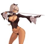  albert bow breasts cleavage collarbone contrapposto corset dark_skin dungeon_and_fighter female_slayer_(dungeon_and_fighter) foreshortening gloves hair_bow large_breasts orange_eyes panties ponytail silver_hair sketch solo standing underwear weapon 