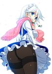  :o apron ass bad_id bad_twitter_id blue_eyes blush braid commentary_request dated izayoi_sakuya looking_at_viewer looking_back maid maid_apron maid_headdress pantyhose scarf shigemiya_kyouhei short_hair silver_hair snowing solo thighband_pantyhose touhou twin_braids white_background 