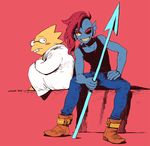  alphys ambiguous_gender blush buckteeth clothing eye_patch eyewear fan2gold feet female fish footwear glasses grin hair jeans marine melee_weapon monster polearm red_hair scalie scientist shirt shoes spear teeth undertale undyne video_games weapon 