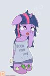  2015 alasou anthro anthrofied chibi clothing cup english_text equine female floppy_ears friendship_is_magic fur hair horn long_hair mammal multicolored_hair my_little_pony open_mouth patreon purple_eyes purple_fur shirt simple_background slippers solo text tired twilight_sparkle_(mlp) unicorn yawn 