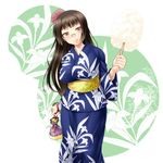  alternate_costume ayato blush brown_hair choukai_(kantai_collection) cotton_candy floral_print flower glasses hair_flower hair_ornament head_tilt highres japanese_clothes kantai_collection kimono kinchaku long_hair looking_at_viewer pouch red_eyes rimless_eyewear smile solo 