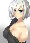  alternate_costume blue_eyes breasts cleavage hair_ornament hair_over_one_eye hairclip hamakaze_(kantai_collection) highres kantai_collection large_breasts off_shoulder saintshiro short_hair silver_hair solo 