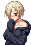  bags_under_eyes bare_shoulders blonde_hair blush collarbone earrings hair_over_one_eye hand_to_own_mouth highres hood hoodie idolmaster idolmaster_cinderella_girls jewelry looking_at_viewer off_shoulder red_eyes shirasaka_koume short_hair simple_background sleeves_past_fingers sleeves_past_wrists solo takanashi-a upper_body white_background 