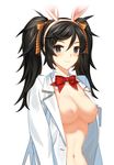  animal_ears bad_id bad_pixiv_id black_eyes black_hair blush breasts bunny_ears character_request closers detached_collar dress_shirt hairband hr.b looking_at_viewer medium_breasts naked_shirt navel nipples open_clothes open_shirt shirt smile solo twintails upper_body white_background 
