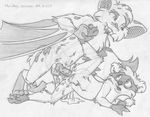  2007 age_difference anthro balls bat big_penis cub cum cum_from_ass cum_string digitigrade duo english_text eye_contact fangs greyscale leg_grab lying male male/male mammal mitch_(mizzyam) mizzyam monochrome mottled_fur nude on_side one_leg_up pencil_(artwork) penis penis_tip questionable_consent raccoon sachel&#039;s_dad sheath size_difference text traditional_media_(artwork) winged_arms wings young 