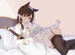  absurdres animal_ears atago_(azur_lane) azur_lane bangs bed black_hair breasts double-breasted epaulettes garter_straps gloves hair_between_eyes highres jun.bit katana large_breasts lifted_by_self long_sleeves looking_at_viewer lying military military_uniform mole mole_under_eye on_side pencil_skirt sheath sheathed skirt smile solo sunlight sword thighhighs uniform weapon white_gloves wolf_ears yellow_eyes 