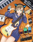  :d animal_ears aqua_eyes axent_wear bangs blouse blue_blouse blue_skirt brown_hair cable cat_ear_headphones cat_ears cowboy_shot effects_pedal electric_guitar guitar headphones idolmaster idolmaster_cinderella_girls instrument lasel long_sleeves looking_at_viewer lying machinery number on_back on_floor open_mouth pleated_skirt product_placement school_uniform serafuku short_hair skirt smile solo stratocaster tada_riina wooden_floor 