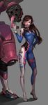  absurdres arm_cannon armor bangs blush bodysuit boots breasts brown_eyes brown_hair contrapposto covered_navel d.va_(overwatch) damaged facial_mark full_body gatling_gun gloves grey_background gun hand_on_hip handgun headphones high_collar highres holding holding_gun holding_weapon jayjiwoo_park light_smile lipgloss lips logo long_hair looking_at_viewer mecha meka_(overwatch) one_eye_closed overwatch pilot pilot_suit realistic science_fiction scratched_paint skin_tight small_breasts solo standing swept_bangs weapon whisker_markings white_footwear white_gloves 
