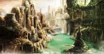  city cityscape dam fantasy lake no_humans original overgrown radram roots ruins scenery spire tower water waterfall 