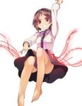  arm_up barefoot brown_hair grin hairband hasebe_yuusaku long_sleeves red_eyes shirt short_hair simple_background skirt smile solo touhou tsukumo_yatsuhashi white_background 