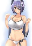  bikini breasts cleavage eyepatch grin groin headgear highres kantai_collection large_breasts looking_at_viewer midriff navel off_shoulder purple_hair saintshiro short_hair smile solo swimsuit tenryuu_(kantai_collection) white_bikini yellow_eyes 