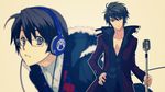  alternate_costume argyle argyle_sweater bangs belt black_hair blue_eyes buckle cable closed_mouth coat collared_shirt dress_shirt dual_persona frown fur_trim glasses hand_on_hip headphones hiyama_kiyoteru hiyama_kiyoteru_(vocaloid4) hood hooded_jacket jacket looking_at_viewer male_focus microphone_stand mouri multiple_views no_eyewear projected_inset shirt simple_background sweater upper_body vocaloid 