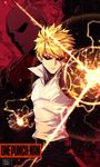  attack bad_id bad_pixiv_id bald belt black_sclera blonde_hair cyborg earrings electricity energy_ball genos gloves highres hwansang jewelry male_focus multiple_boys one-punch_man red_gloves saitama_(one-punch_man) yellow_eyes 
