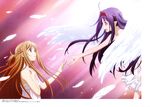  absurdres asuna_(sao) brown_eyes brown_hair dress eye_contact feathers highres kusakabe_chizuko long_hair looking_at_another multiple_girls open_mouth purple_hair red_eyes sword_art_online white_dress yuuki_(sao) 