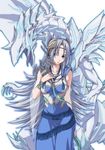  blue-eyes_alternative_white_dragon blue_eyes blush breasts collarbone commentary_request dragon duel_monster highres large_breasts long_hair looking_at_viewer ozaneko priestess_with_eyes_of_blue silver_hair simple_background solo very_long_hair white_background yuu-gi-ou 