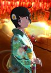  araragi_tsukihi backlighting bad_id bad_pixiv_id black_eyes black_hair fried_egg fuwa_mochi green_kimono hair_ornament japanese_clothes kimono monogatari_(series) nisemonogatari pinwheel short_hair solo yukata 