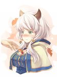  :t between_breasts blush breasts camieux capelet cleavage commentary dengliziti draph granblue_fantasy green_eyes hood hood_down horns large_breasts long_hair low_twintails nose_blush solo_focus twintails white_hair 