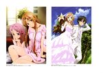  2girls absurdres adachi_shingo asuna_(sao) black_eyes black_hair breasts brown_hair cleavage dress formal highres kirito lisbeth long_hair long_legs looking_at_viewer medium_breasts multiple_girls open_mouth pink_dress pink_eyes pink_hair pink_wedding_dress short_hair smile suit sword_art_online wedding_dress white_suit 