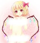  3: blonde_hair blush body_blush breast_hold breasts convenient_censoring flandre_scarlet hands_on_own_chest haruki_(colorful_macaron) heart heart_wings highres hips looking_at_viewer medium_breasts navel no_bra nude red_eyes short_hair side_ponytail solo steam steam_censor touhou wings 