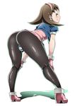  aqua_eyes ass bent_over boots brown_hair full_body hair_pulled_back hairband hands_on_own_knees high_heels highres leaning_forward legs looking_at_viewer looking_back pantyhose pink_hairband rockman rockman_dash satsuki_imonet short_hair simple_background smile solo thighs tron_bonne white_background 