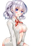  blue_eyes blush breasts henet_hene kantai_collection kashima_(kantai_collection) large_breasts naked_shirt no_bra open_clothes open_mouth open_shirt shirt silver_hair solo twintails v_arms 