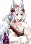  animal_ears blue_eyes blush breasts cleavage collarbone erune flying_sweatdrops fox_ears fox_tail fur_trim granblue_fantasy hair_ornament konshin large_breasts long_hair ponytail silver_hair sleeves_past_wrists socie_(granblue_fantasy) solo tail upper_body very_long_hair 