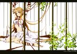  absurdres armpits arms_up asuna_(sao) barefoot bars bdsm bondage bound bound_arms bound_legs brown_eyes brown_hair highres in_cage letterboxed long_hair long_legs looking_at_viewer navel official_art pointy_ears scan sitting solo sword_art_online titania_(sao) watanabe_ruriko 