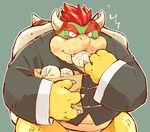  bag blush bowser chubby clothing eating food garousuki hair koopa male mario_bros nintendo red_hair scalie simple_background solo surprise sweat video_games 