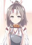  brown_eyes brown_hair commentary_request food hachimaki headband highres holding holding_plate japanese_clothes kantai_collection long_hair looking_at_viewer mku muneate omelet plate ponytail smile solo tamagoyaki zuihou_(kantai_collection) 
