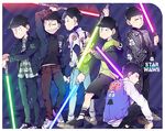  :&lt; :3 ;) ;3 black_hair blue_background brothers casual denim double-blade energy_sword jacket jeans letterman_jacket lightsaber looking_at_viewer looking_back male_focus matsuno_choromatsu matsuno_ichimatsu matsuno_juushimatsu matsuno_karamatsu matsuno_osomatsu matsuno_todomatsu multiple_boys off_shoulder one_eye_closed orionwo osomatsu-kun osomatsu-san pants plaid plaid_shirt saberstaff sextuplets shirt siblings simple_background sitting smile star_wars striped striped_background sword weapon 