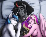  2015 anthro anthrofied black_hair blue_hair breasts equine female friendship_is_magic group hair hasana-chan horn king_sombra_(mlp) lying male male/female male/male mammal my_little_pony pillow princess_cadance_(mlp) shining_armor_(mlp) sleeping unicorn winged_unicorn wings 