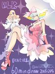 ariorihaberi bare_shoulders blonde_hair boots bow breasts completion_time cosplay costume_switch eyepatch harime_nui harime_nui_(cosplay) kill_la_kill kiryuuin_ragyou kiryuuin_ragyou_(cosplay) large_breasts long_hair mature multicolored multicolored_hair multiple_girls pink_bow pink_footwear pink_skirt rainbow_hair short_hair skirt smile 