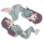 1girl barefoot between_legs eyebrows feet feet_together flat_chest flcl glasses hair_in_mouth hand_between_legs highres long_hair midriff multiple_views ninamori_eri one_eye_closed pajamas purple_hair red-framed_glasses season_(artist) simple_background smile soles striped toes unbuttoning undressing white_background 