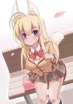  animal_humanoid big_breasts blonde_hair breasts canine clothed clothing female fox fox_humanoid hair humanoid kanokon kazukoto mammal minamoto_chizuru purple_eyes school_uniform sitting smile solo tight_clothing uniform 